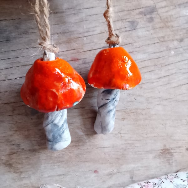 ceramic hanging mushroom bright orange small
