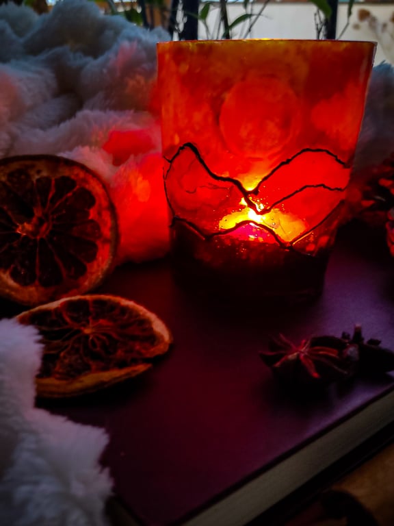 Handmade stained glass effect lantern candleholder with sunset over mountains