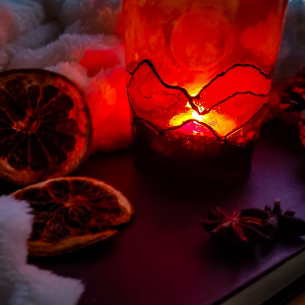 Handmade stained glass effect lantern candleholder with sunset over mountains