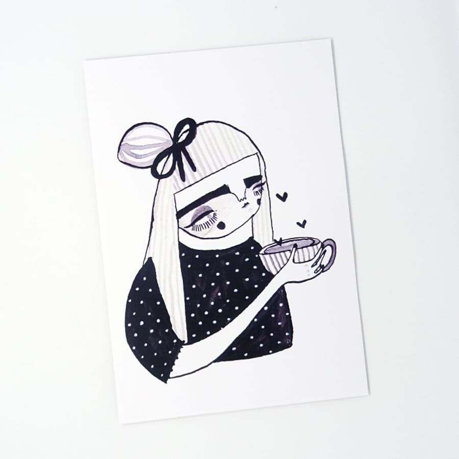 Tea drinking girl- Small Poster Print