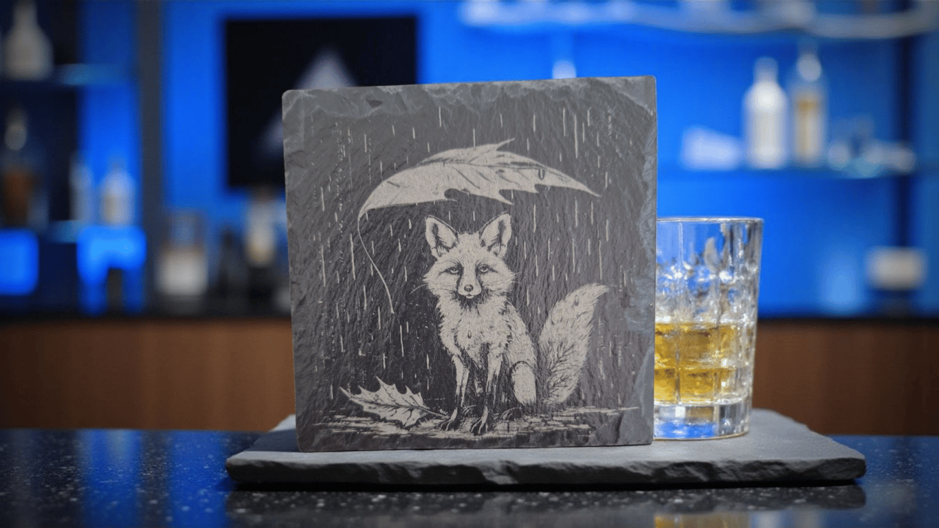 Slate Coaster – Woodland Fox Beneath a Leaf (10 x 10cm)