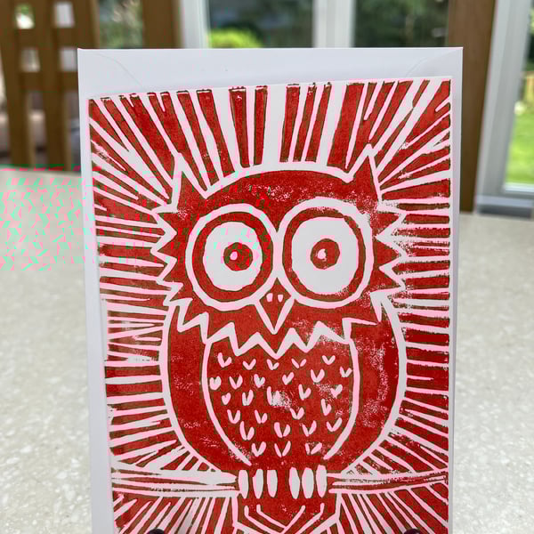 Wise Owl, hand printed Lino cut greetings card