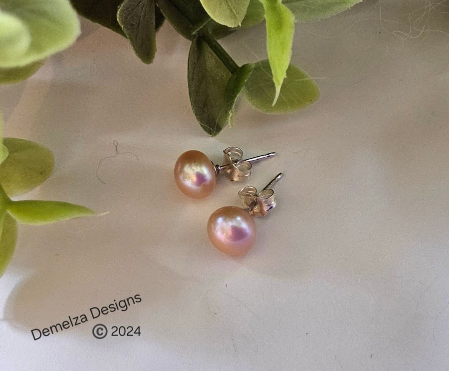 Cream Button Freshwater Culture Pearl Stud Sterling Silver Earrings 