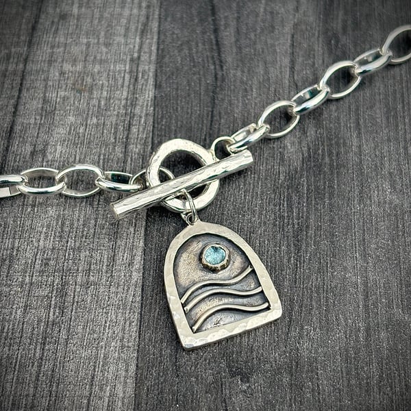 Sterling Silver Fob Necklace, Sky blue topaz necklace, silver toggle necklace, 