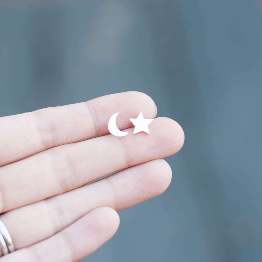 Star and Moon Sterling Silver Earrings 