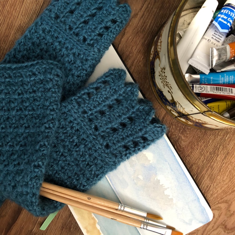 Arm warmers - Studio Sleeves in storm blue mohair, over the elbow