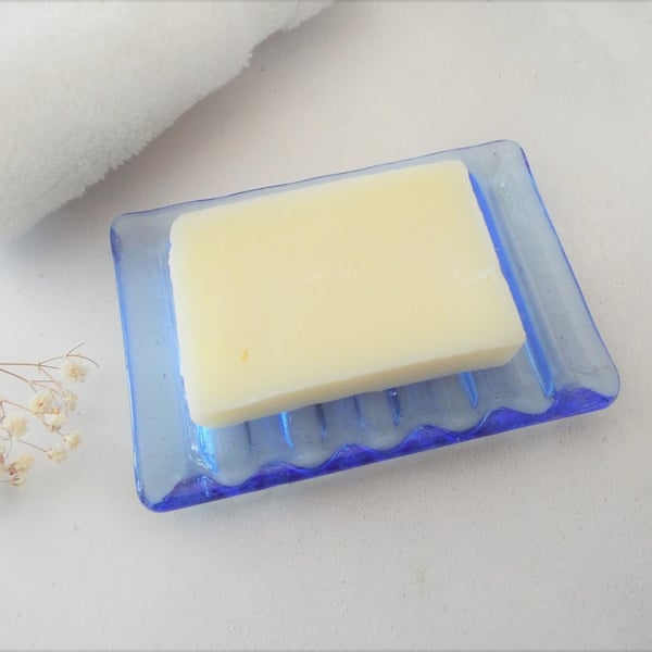 Sapphire Blue Tint Glass Soap Holder, Handmade