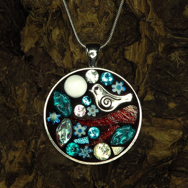 'Moonlit Birdsong' - Stained Glass Mosaic Pendant