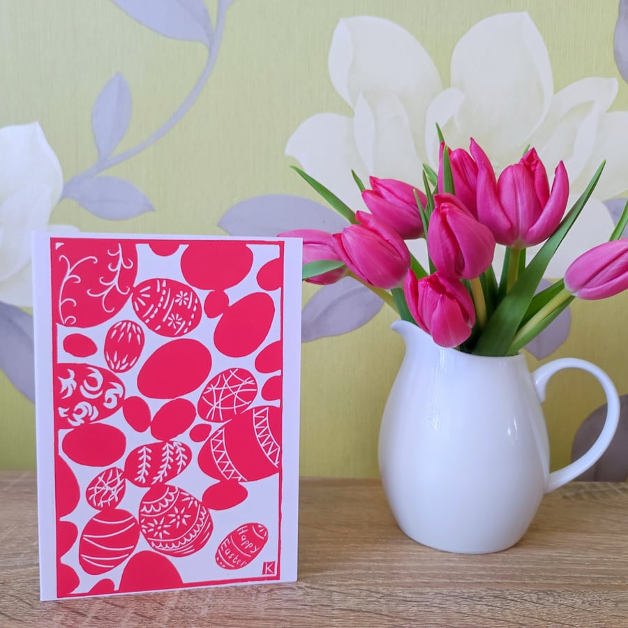 Decorated eggs Easter card - original handmade luxury lino print in pink