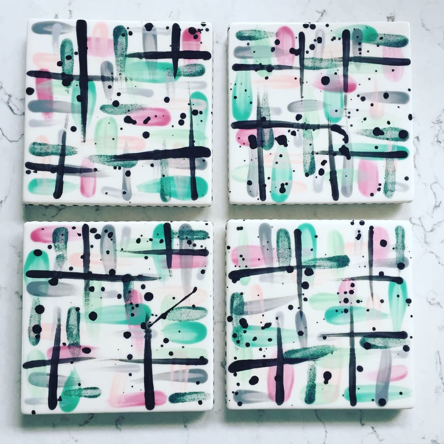 Set of 4 Hand Painted Ceramic Coasters, Modern Geometric Brush Stroke Coaster