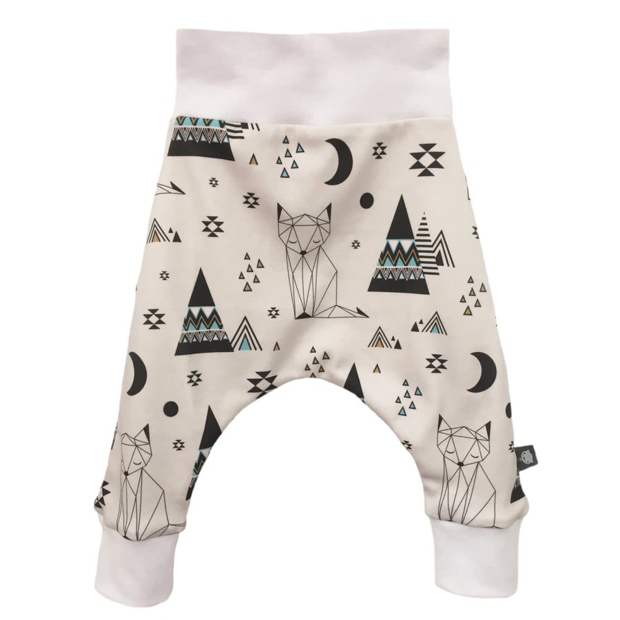 baby trousers, Organic harem pants in unisex Geometric foxes & pyramids