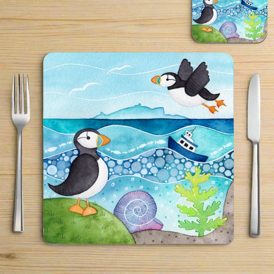 Placemat - Puffin Pair & Boat, East Neuk of Fife. Seaside Coastal Table Mats.