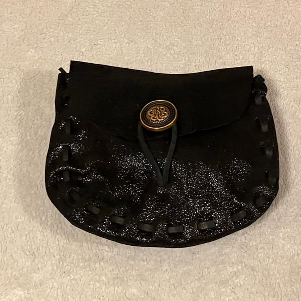 Black Textured (with Sparkle) Leather Medieval Style Pouch - Celtic Knotwork