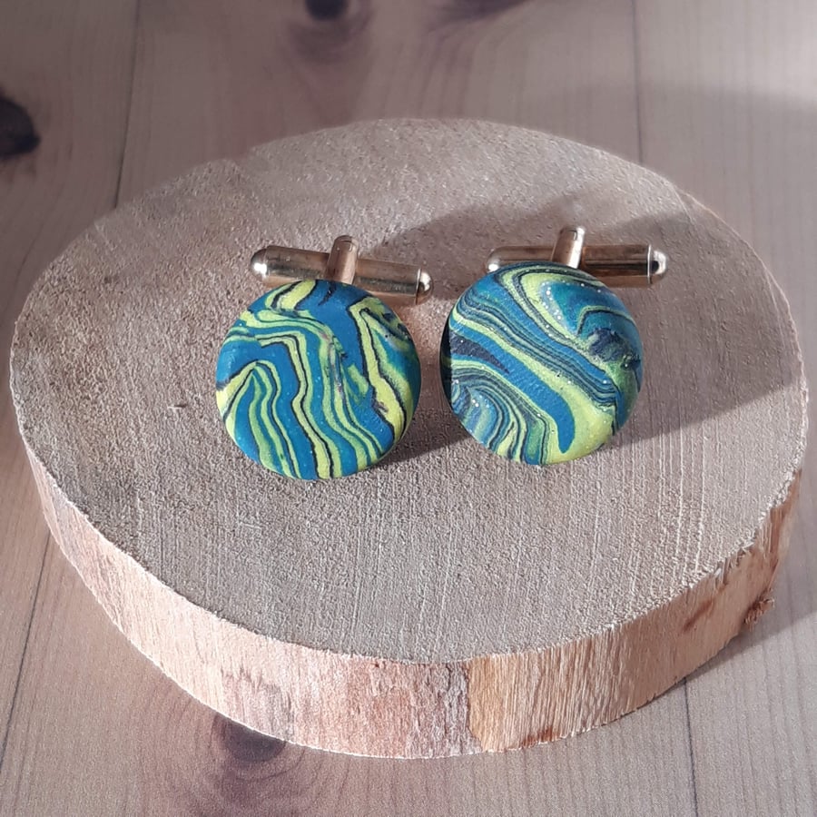 Citrus and blue polymer clay cufflinks with gift box