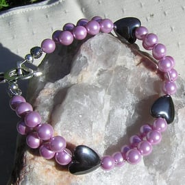 SALE Hematite Heart & Pink Shell Pearl Gemstone Bracelet - Sale Price