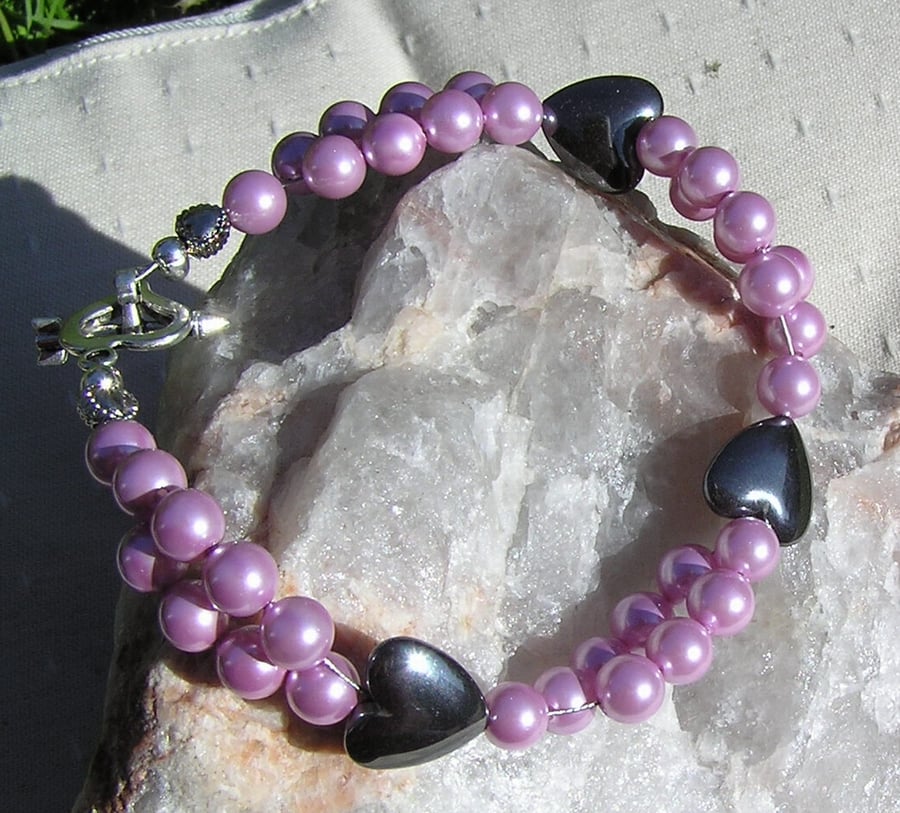 SALE Hematite Heart & Pink Shell Pearl Gemstone Bracelet - Sale Price