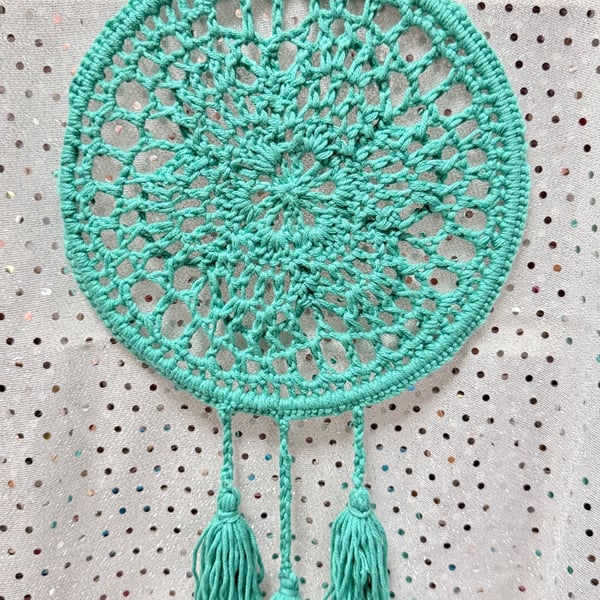 Flower mandala dream catcher in green cotton blend