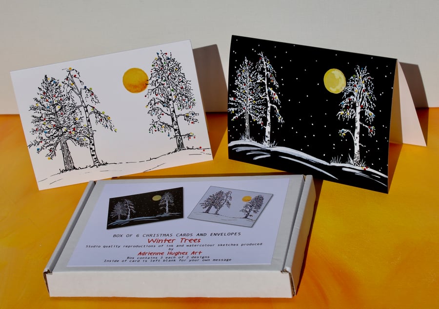 BOX OF 6 WINTER TREE CARDS-FREE P&P
