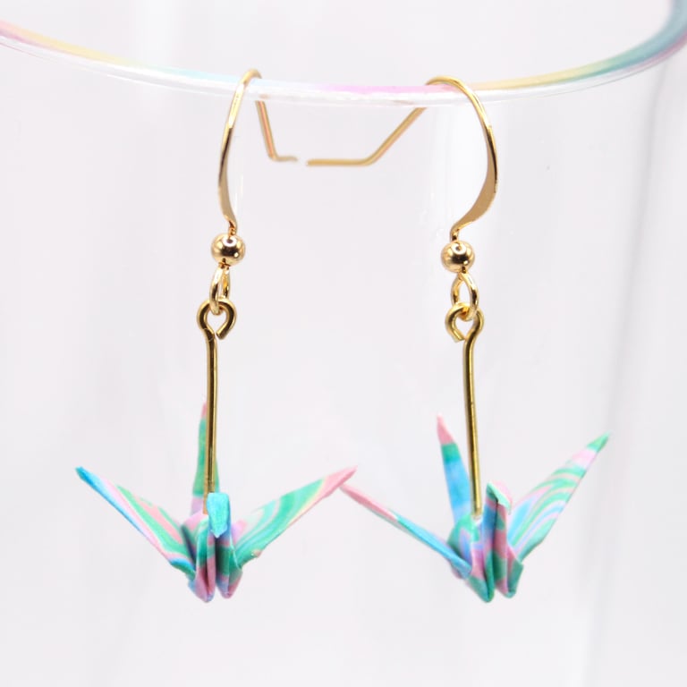 Pinky Green Swirl Origami Crane Earrings. Creative Gift. Paper Earrings