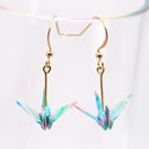 Pinky Green Swirl Origami Crane Earrings. Creative Gift. Paper Earrings