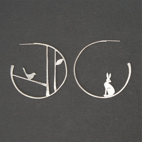 Edge of the woods statement earrings - hare and bird
