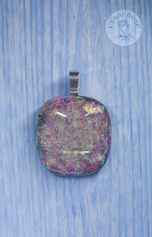 Delicate shimmer sparkle dichroic fused glass pendant pink gold