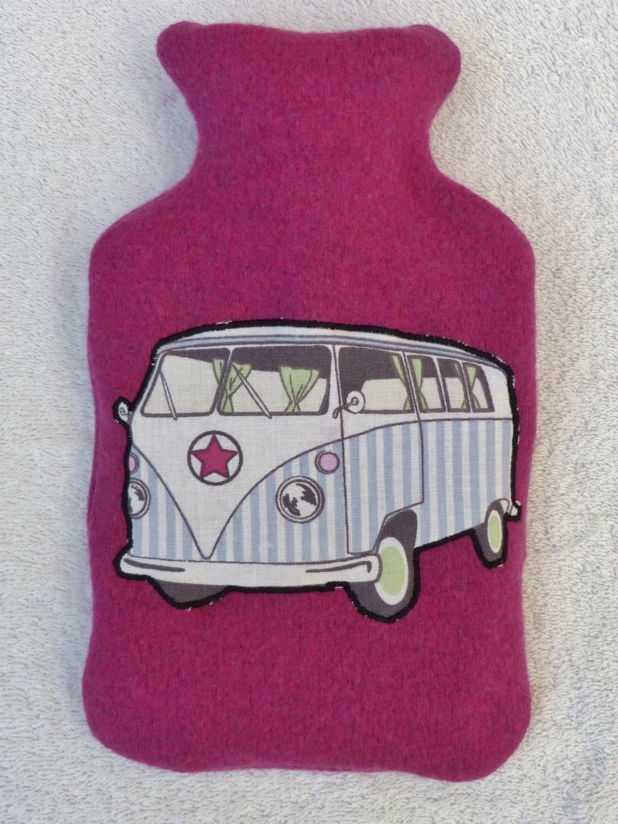 Pink Merino Wool Hot Water Bottle Cover with Machine Applique VW Camper Design