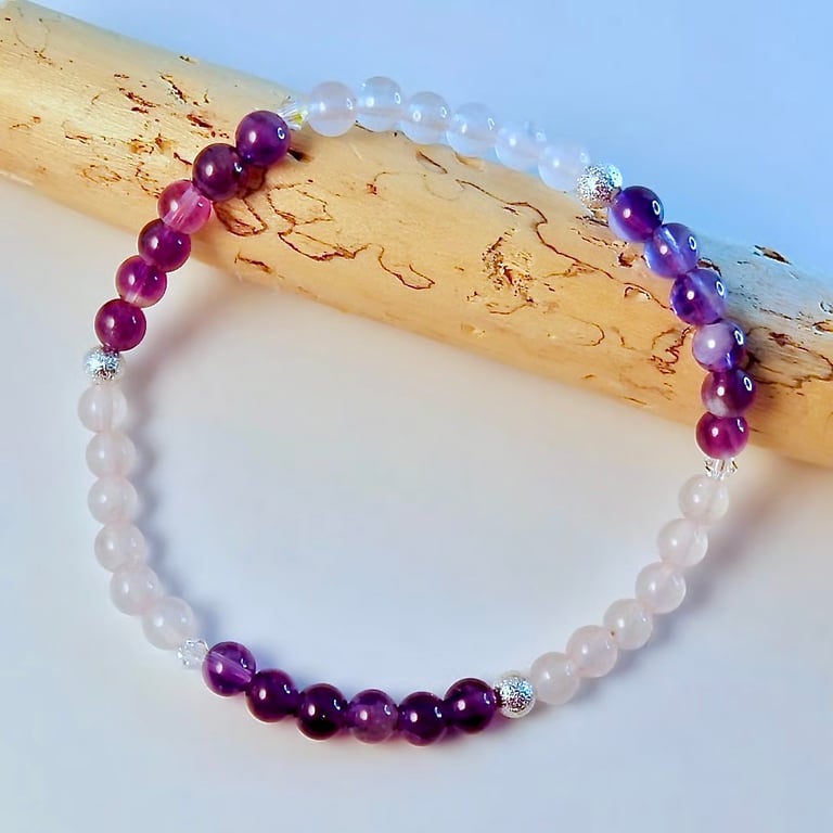 Amethyst, Rose Quartz & Crystal Bracelet. Birthday, Anniversary, Gifts For Her