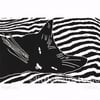 Cat - Black Cat Bedtime - Original Hand Pulled Linocut Print