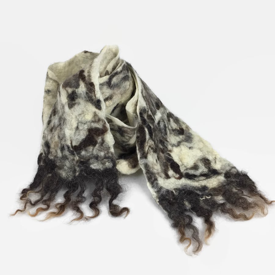 Felted scarf, white merino wool with Jacob fleece, 100% wool - SALE