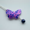 SALE Butterfly pendant necklace in purple with blue flower print - SALE