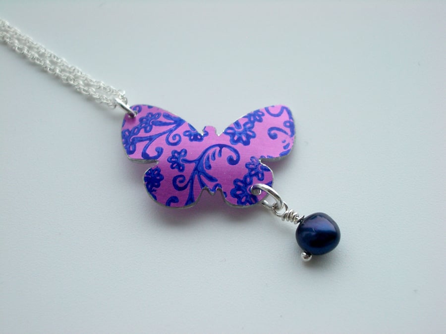 SALE Butterfly pendant necklace in purple with blue flower print - SALE