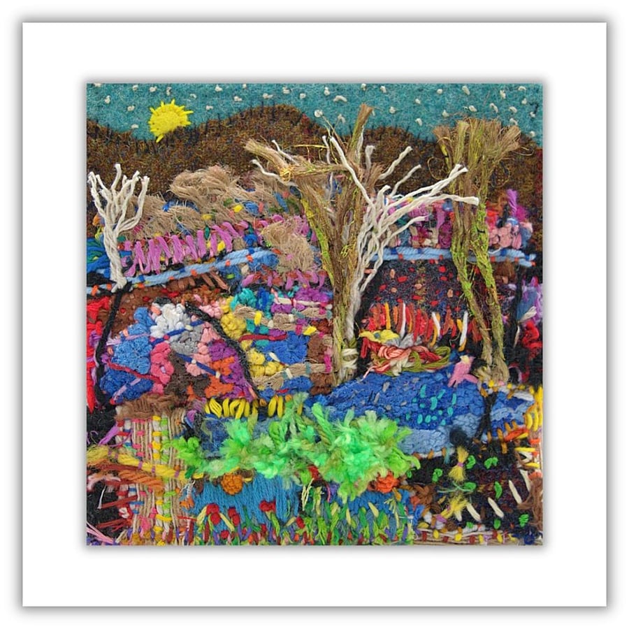 Textile landscape - framed embroidery art - original needlework by hand