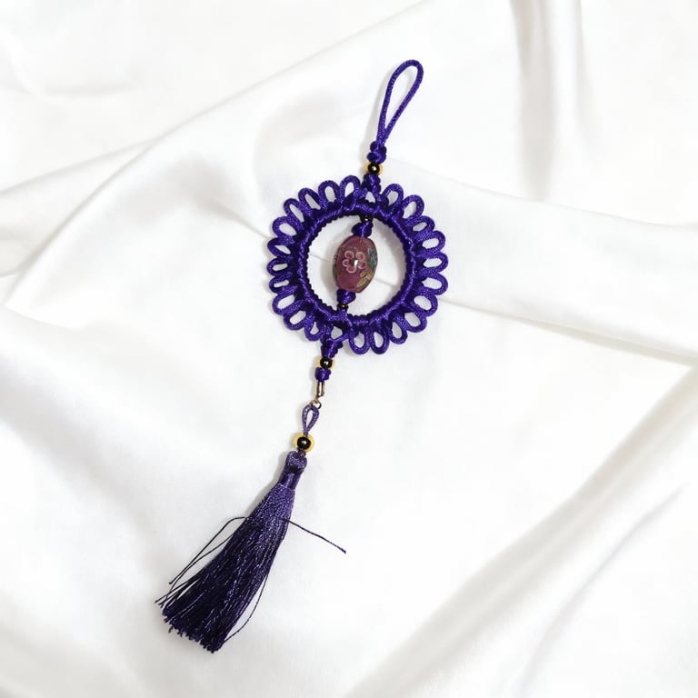 Purple Macramé Bag Charm with Tassel and Floral Glass Bead