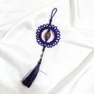 Purple Macramé Bag Charm with Tassel and Floral Glass Bead