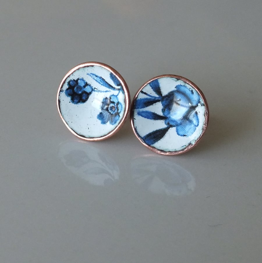 Blue and white enamelled post earrings