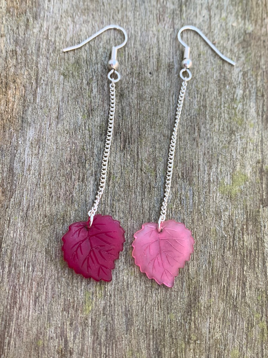 Long mismatch pink leaf earrings
