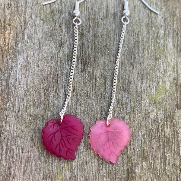 Long mismatch pink leaf earrings