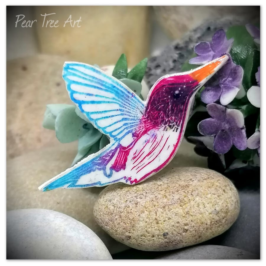 Hummingbird Brooch, Handmade, Light blue and purple