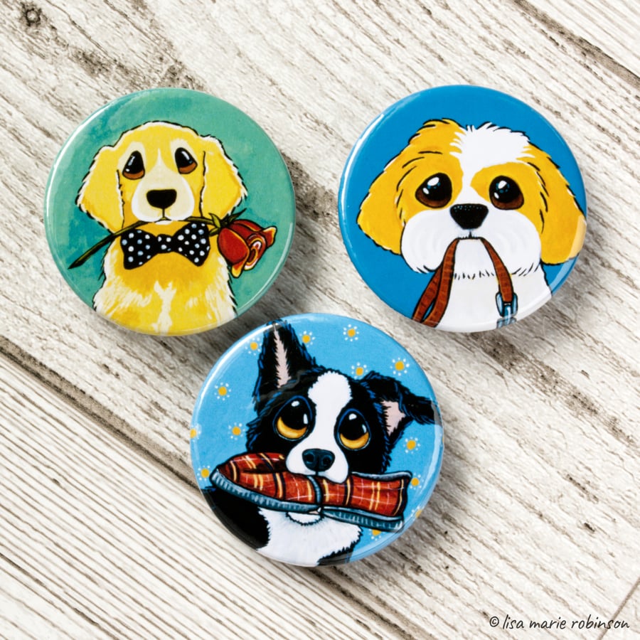 Dogs Playing Fetch 38mm Button Badges - Pack of 3