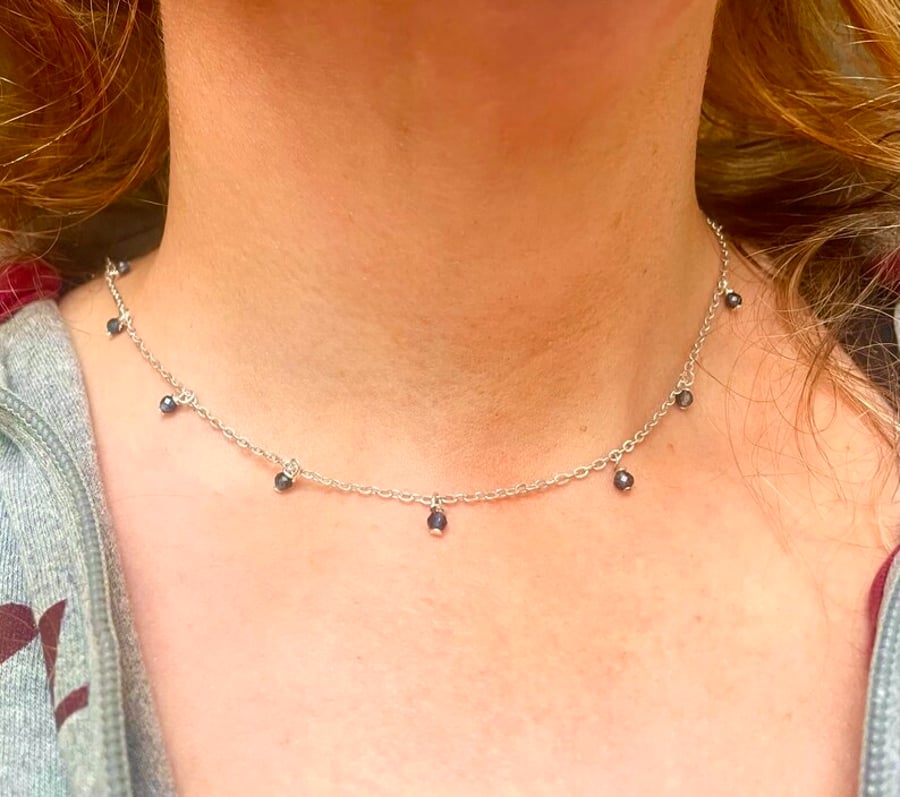 Faceted Sapphire Drop Sterling Silver Necklace 