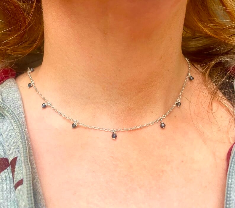 Faceted Sapphire Drop Sterling Silver Necklace 