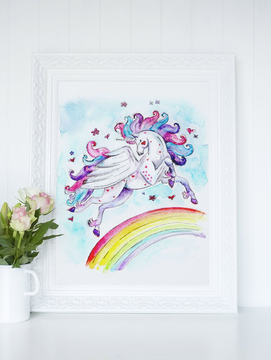 Unicorn Magical Illustation Print Pegasus Wall Art Mythical Pony Decor Fairytale