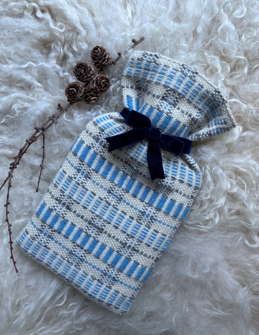 Mini Hotwater bottle - Blue & Grey stripe. Handwoven in Wales