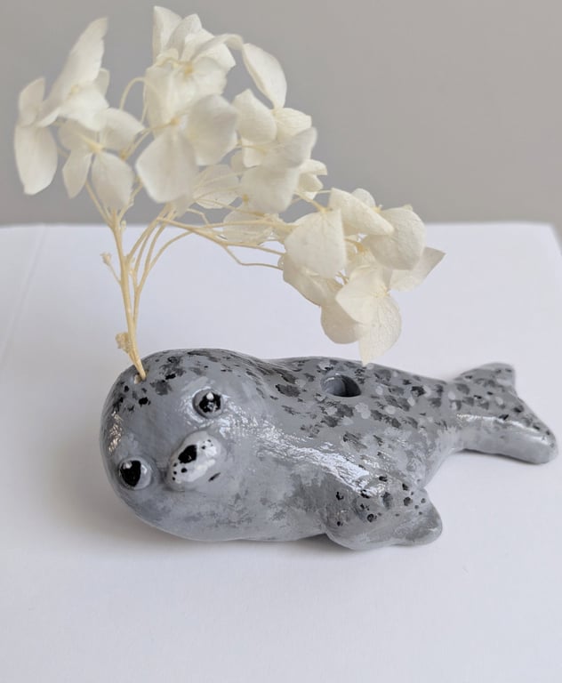 Selkie the Handmade Clay Seal Brush Holder and Faux flower Ornament 