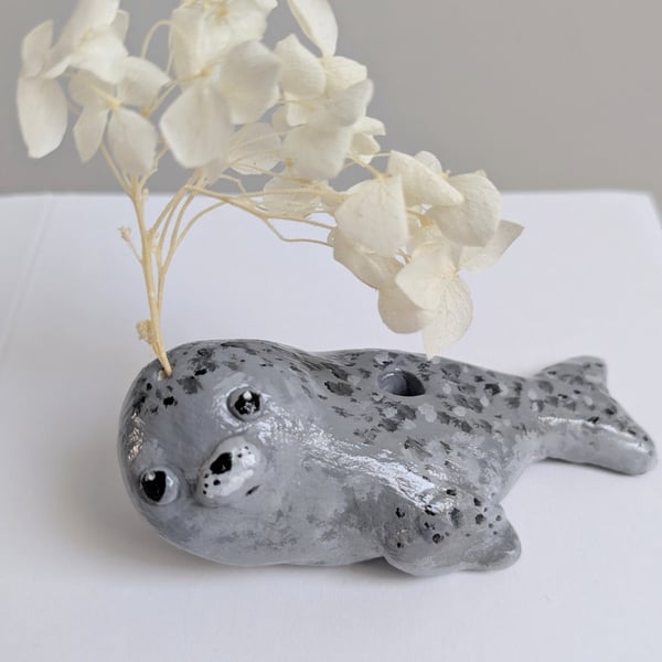 Selkie the Handmade Clay Seal Brush Holder and Faux flower Ornament 