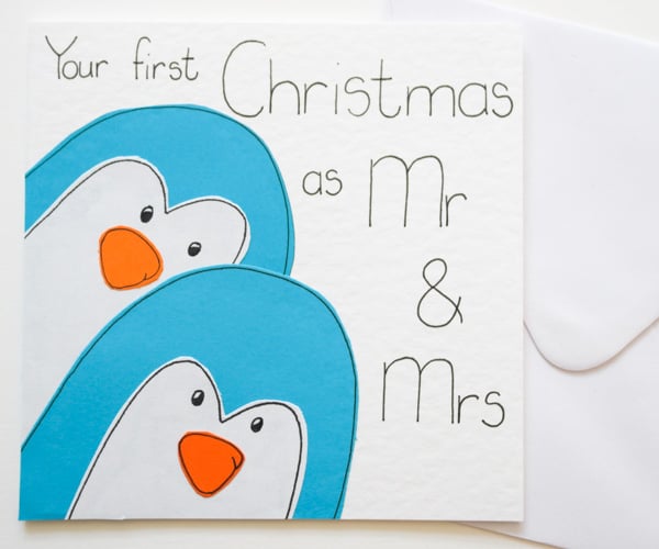 Your First Christmas As Mr and Mrs Xmas Card, Newly Married Penguins Card