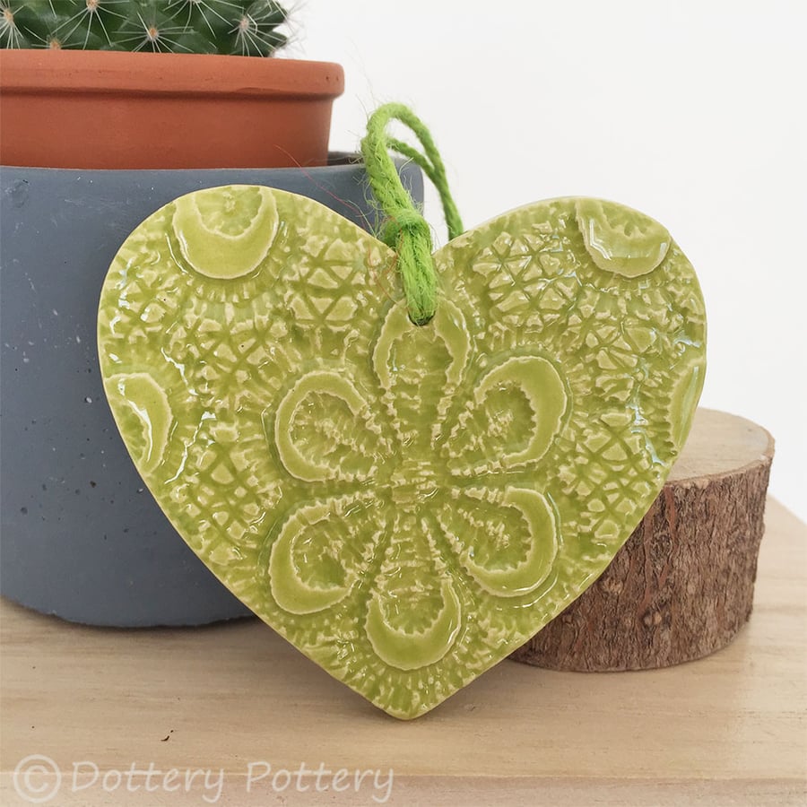 Small Ceramic heart hanging decoration Pottery Heart Retro Flower Bright Colours