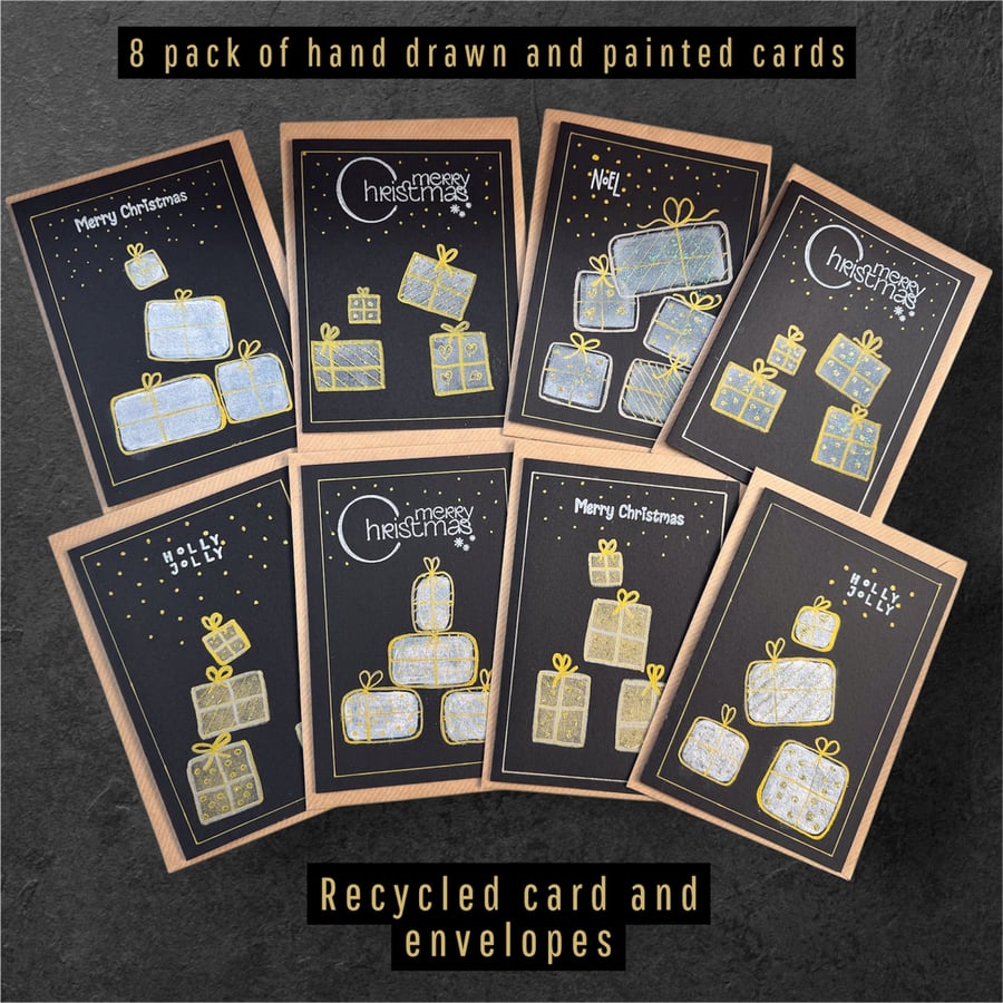 Pack of 4 Christmas Cards, shiny card with festive hand painted decor, recycled