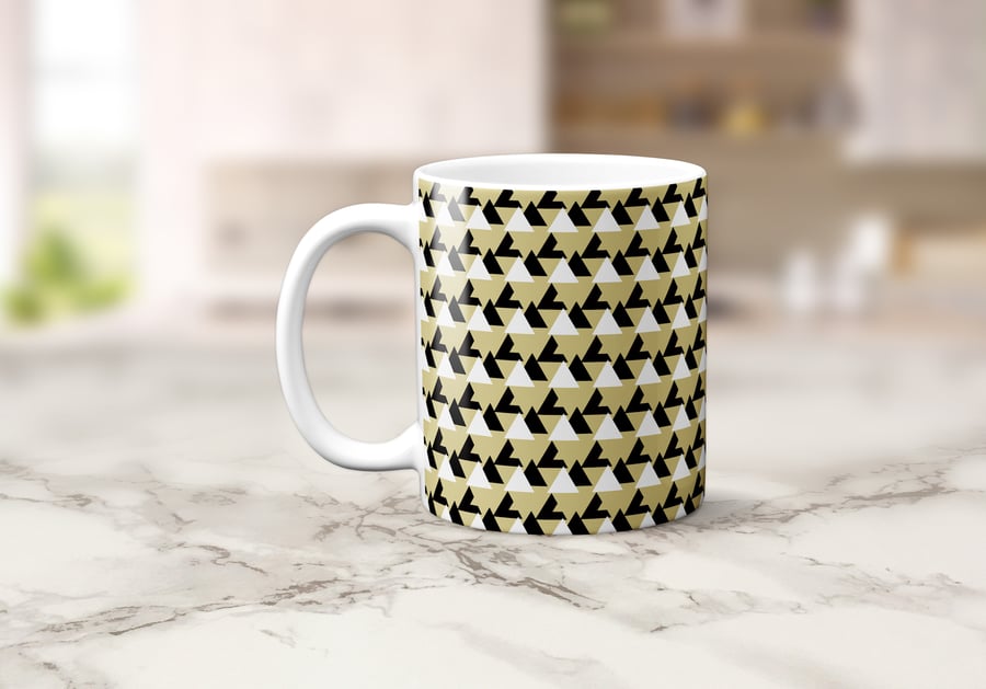 Gold with Black and White Triangle Geometric Design Mug, Tea Coffee Cup
